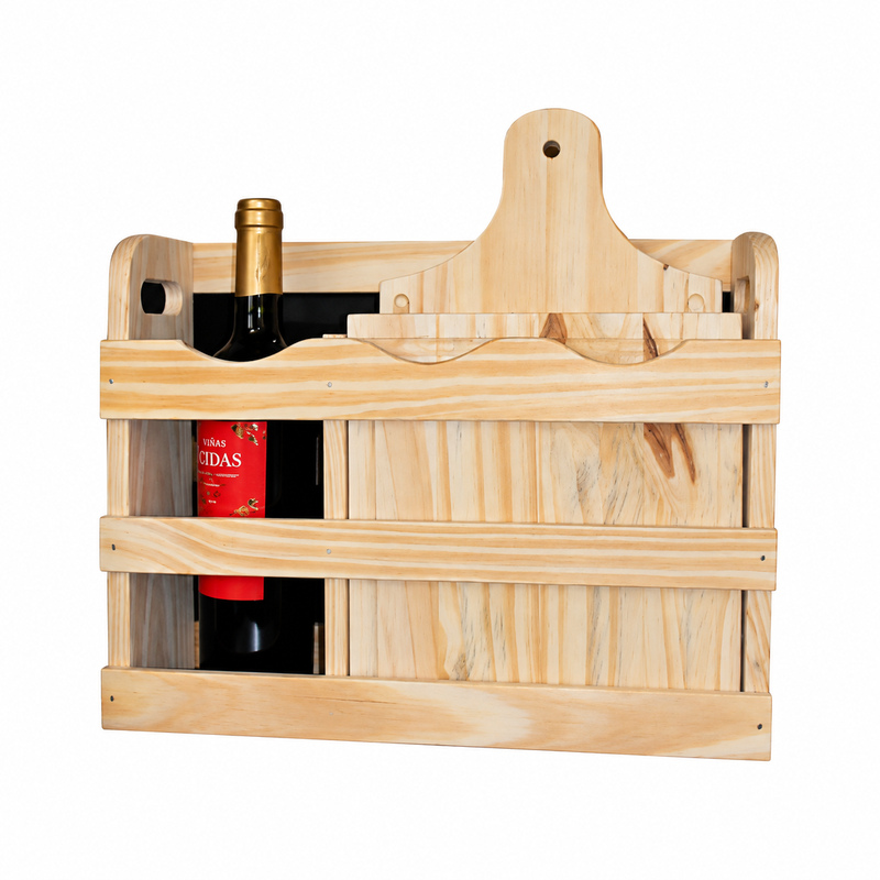 Cajón de madera con tabla de madera más cuatro platos cuadrados (no incluye el vino)