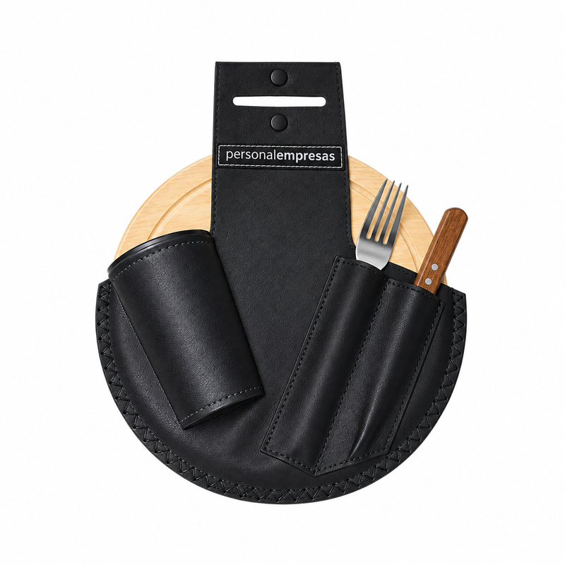 Estuche en símil cuero más un plato de madera y un juego de cubiertos de mesa y un vaso