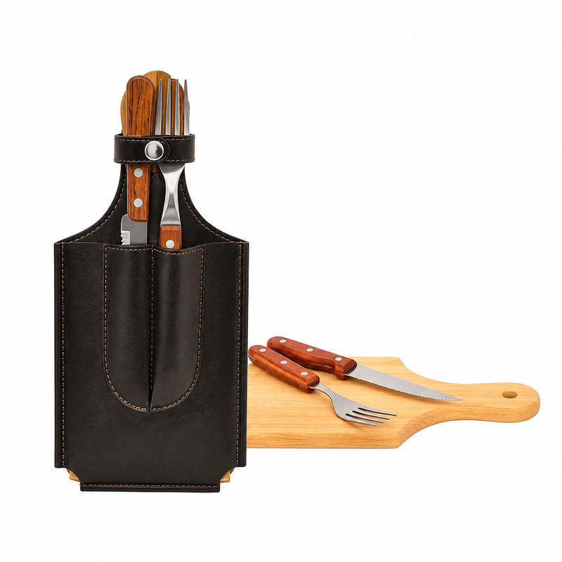 Estuche en símil cuero, más una tabla de madera un juego de cubiertos de mesa