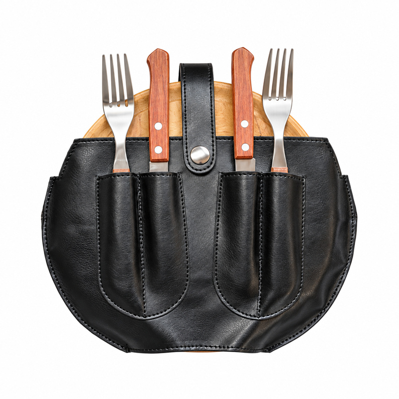 Estuche símil cuero con dos platos y dos juegos de cubiertos de mesa