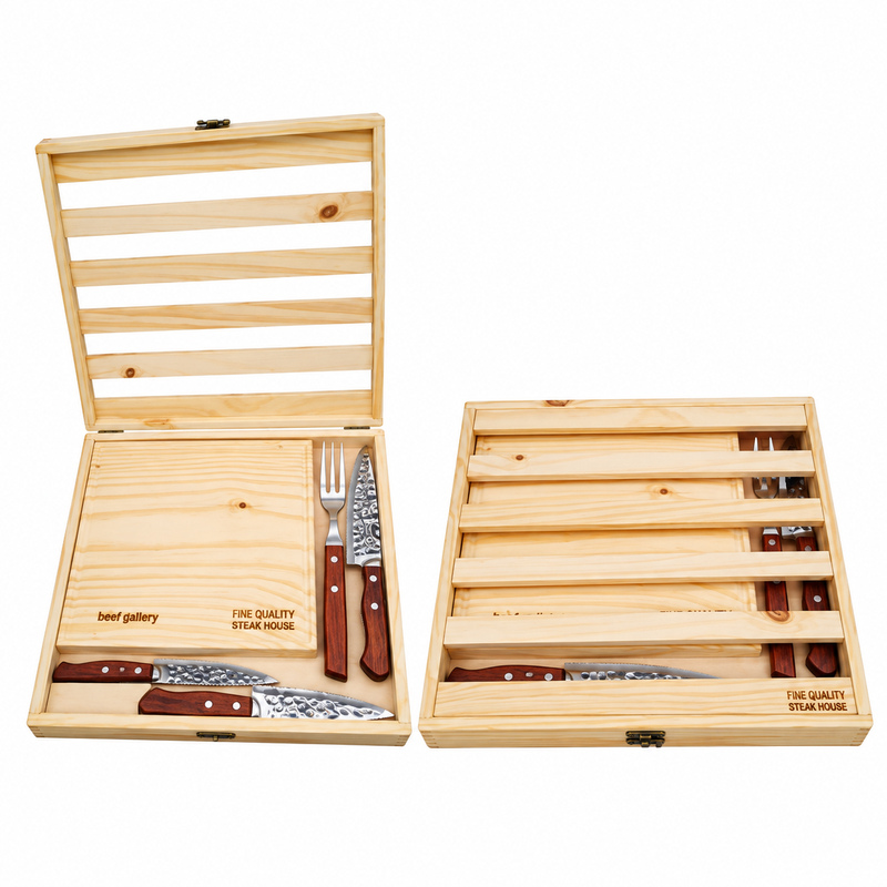 Kit Premium con caja de madera, tabla y juego de cubiertos (3 cuchillos, 1 tenedor) Más logo grabado