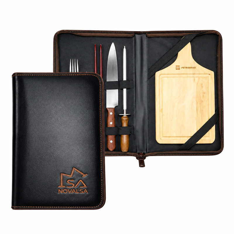 Estuche tipo maletín en símil cuero con logo o bordado, tabla de picar y juego de cubiertos