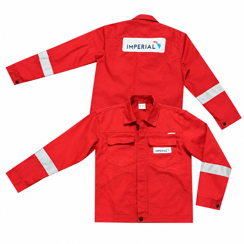 Chaqueta de trabajo en tela sarga pesada, mangas largas, cuatro bolsillos y franja reflectiva