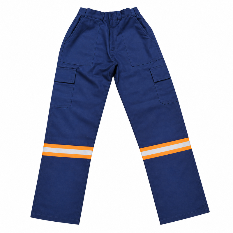 Pantalón de trabajo en tela sarga pesada, seis bolsillos, cintura elástica y franja reflectiva